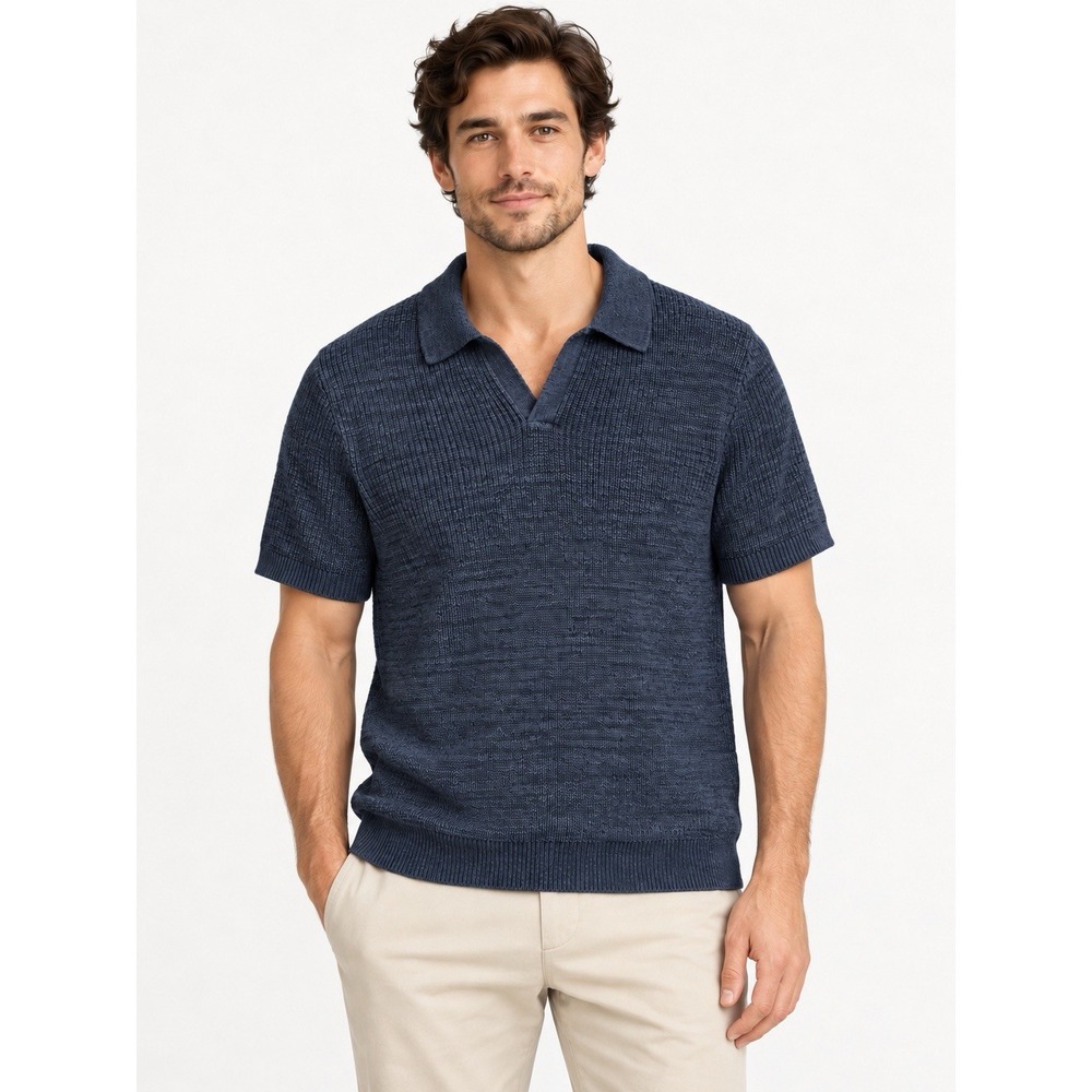 J Crew Sweater Mens Large Linen Cotton Mesh Stitch Johnny Collar Blue #P7-1